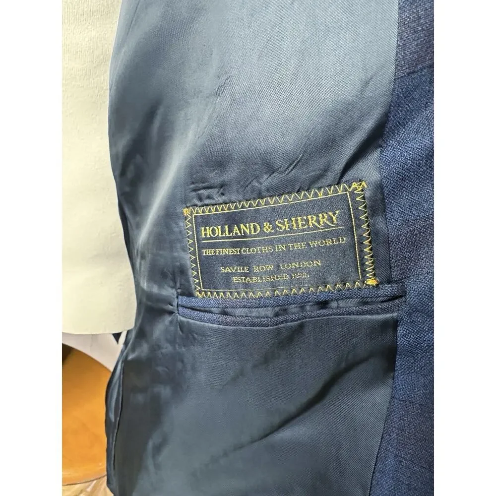 Tom James Bespoke Holland & Sherry Navy Plaid Sport Coat Blazer 50L* Savile Row